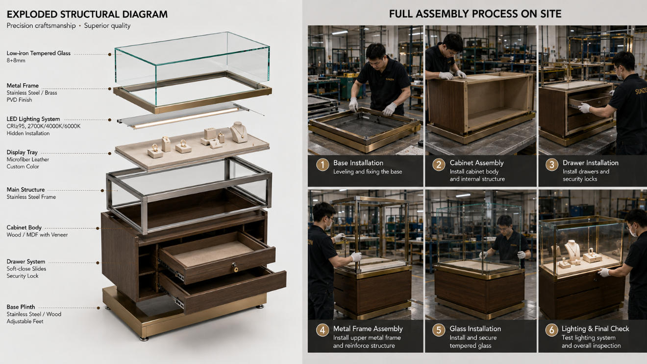 Exploded view of custom jewelry showcase assembly with glass metal lighting drawers and cabinet structure
