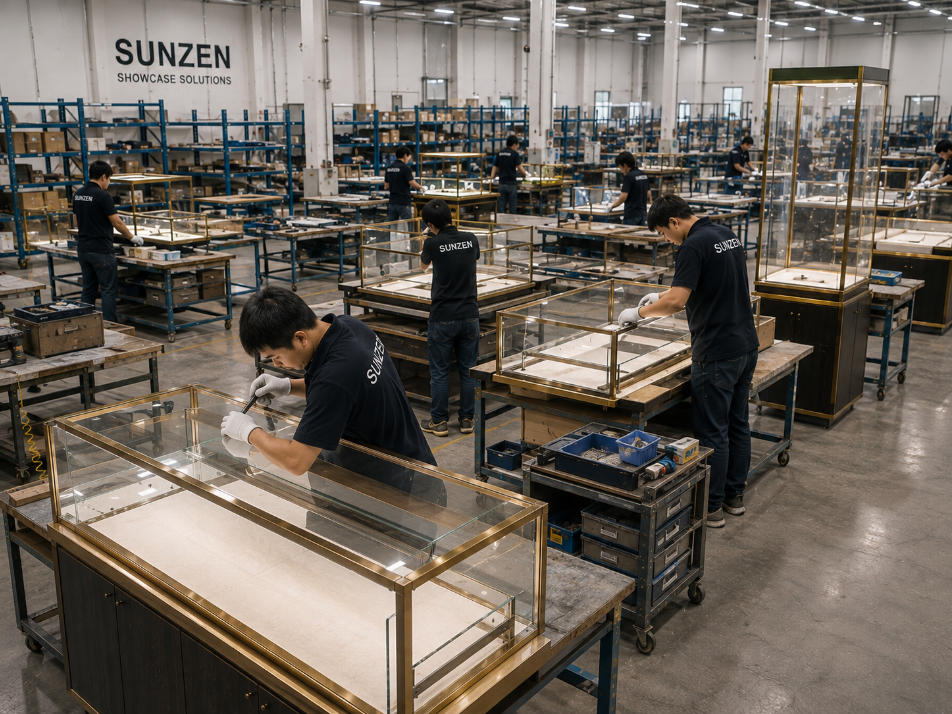 Custom showcase factory assembling glass metal cabinetry hardware and lighting into finished display cases