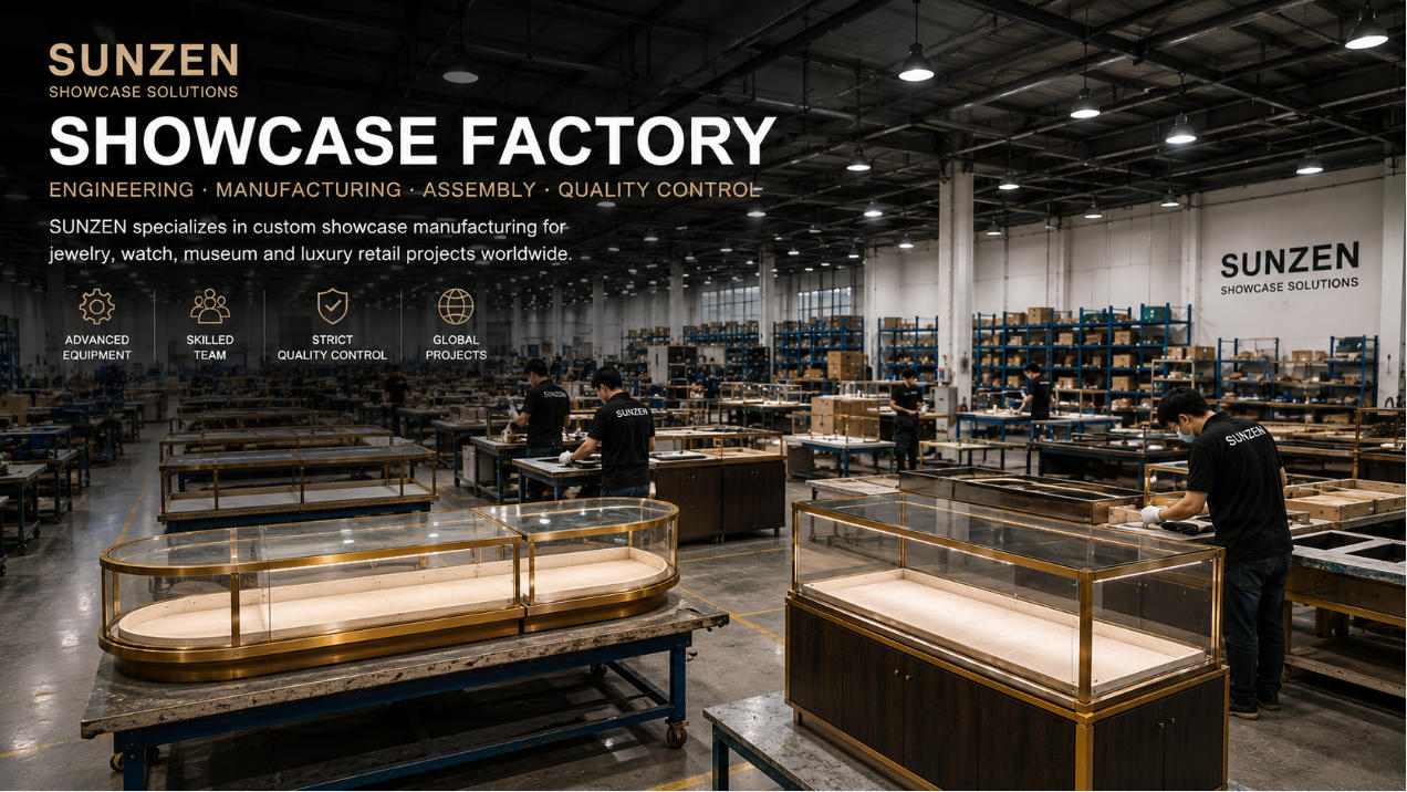 SUNZEN showcase factory manufacturing custom glass metal and cabinet display cases for retail and exhibition projects