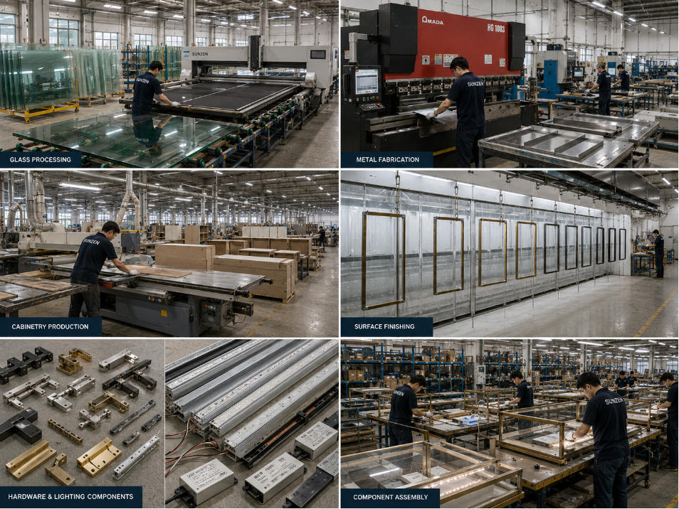 Showcase factory producing glass metal cabinetry hardware finishes and integrated lighting components