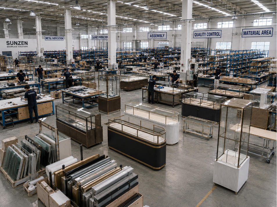 Showcase factory overview with different custom display cases production workstations materials and assembly areas