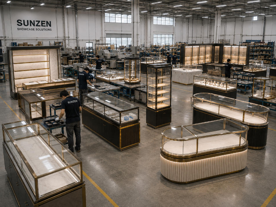 Showcase factory producing multiple custom display case types for a complete luxury retail project