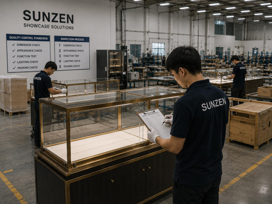 Showcase factory quality control inspection of finished custom display case before packing and delivery