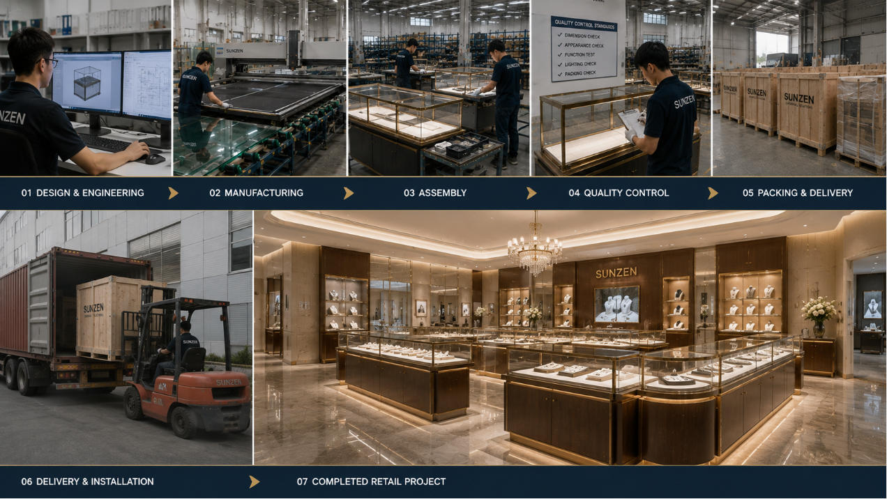 Showcase factory to completed retail project with custom display cases manufactured packed delivered and installed