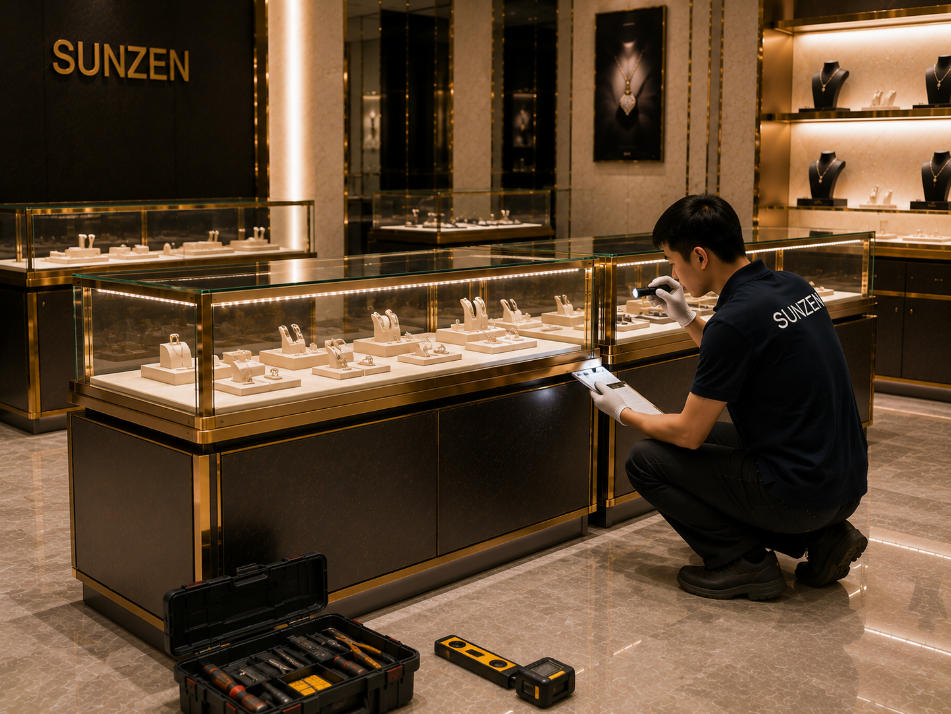 Final showcase installation inspection checking glass alignment leveling doors drawers locks lighting and finished display case