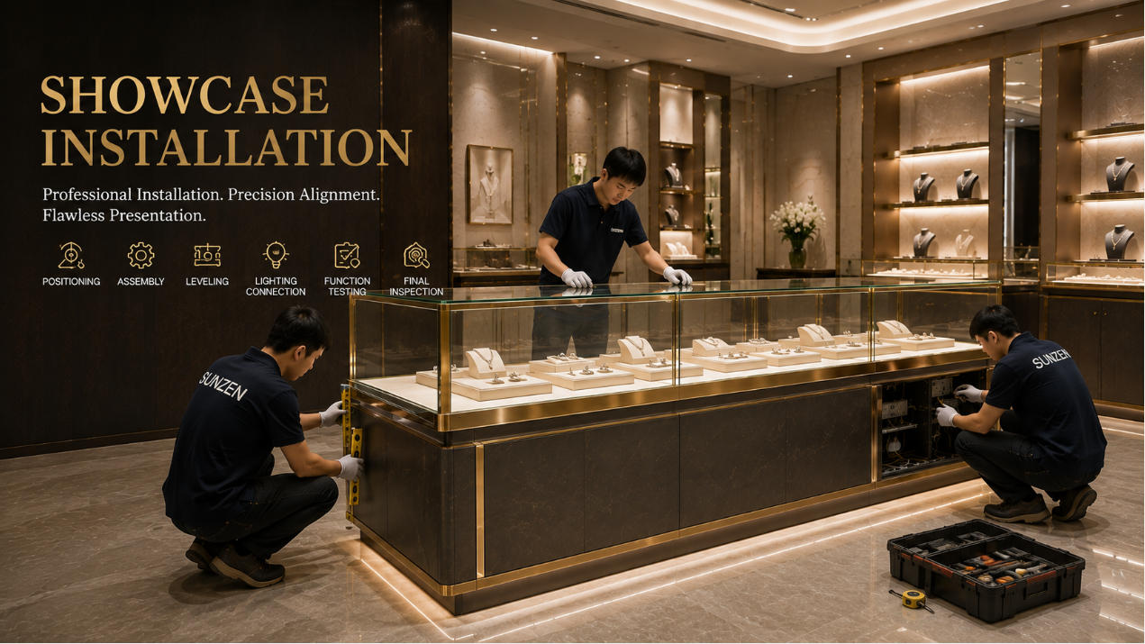 Professional showcase installation with custom glass display cases being positioned assembled leveled and adjusted on site