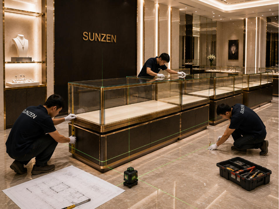 Display case installation team positioning custom glass showcase using technical drawings measuring tools and laser level