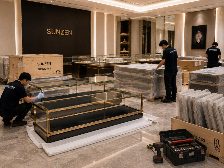 Custom showcases delivered to retail project site and prepared for professional display case installation