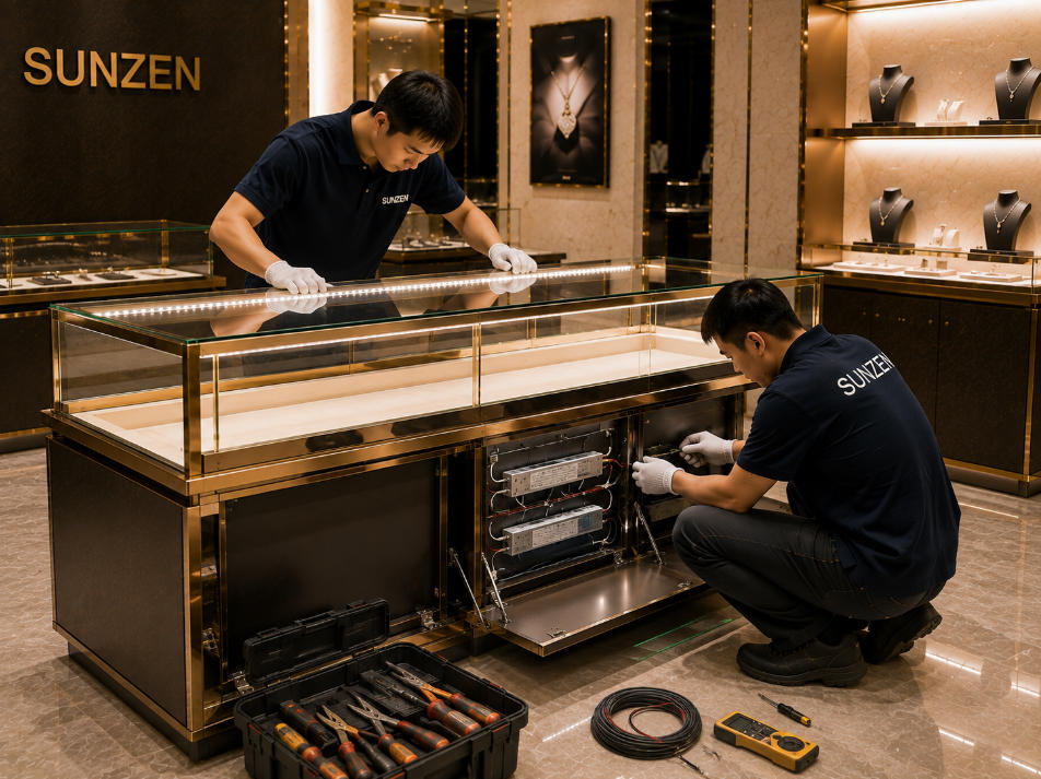 Showcase installation with integrated LED lighting wiring drivers and electrical components being connected and tested
