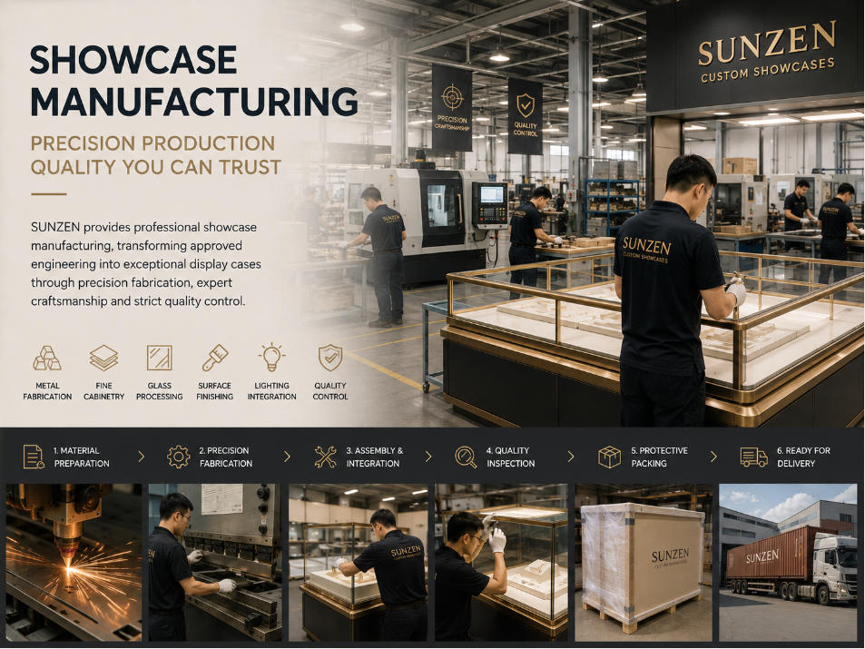 Showcase manufacturing with glass metal cabinetry finishes lighting hardware assembly and quality control