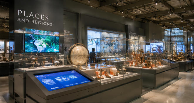 Tech exhibition showcase for scientific artifact collections