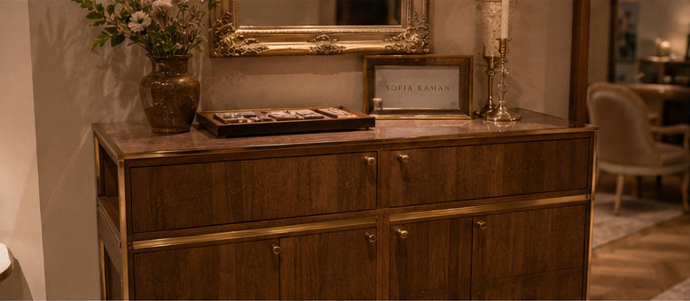 Brass boutique cabinet for private consultation lounge