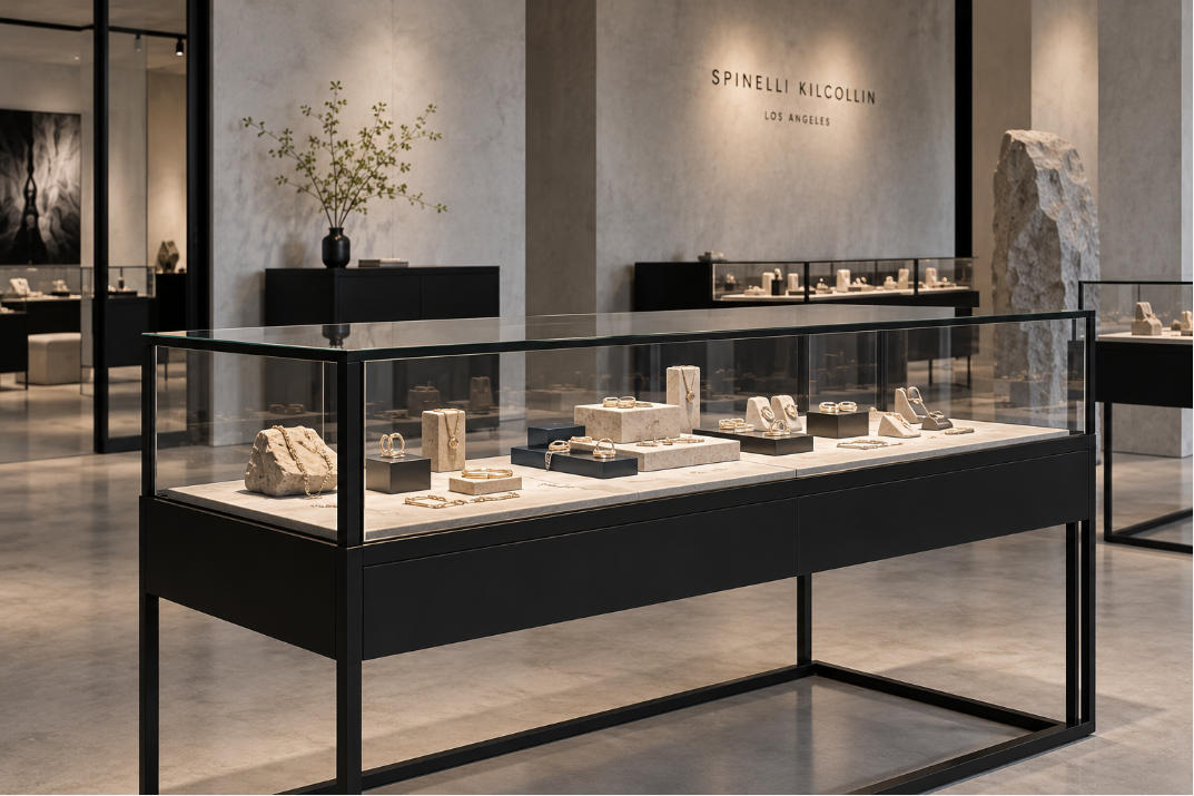 Black steel custom jewelry showcase with ultra-clear glass in minimalist jewelry boutique