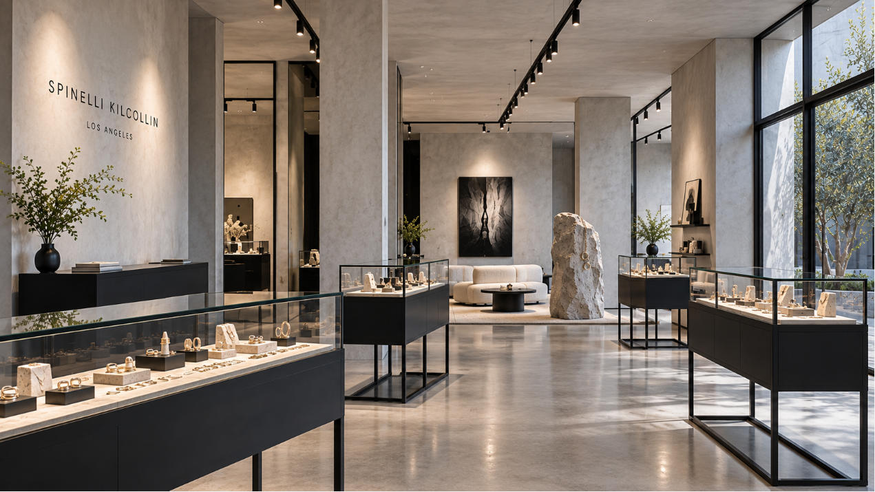 Completed Spinelli Kilcollin Los Angeles jewelry store interior with custom jewelry showcases