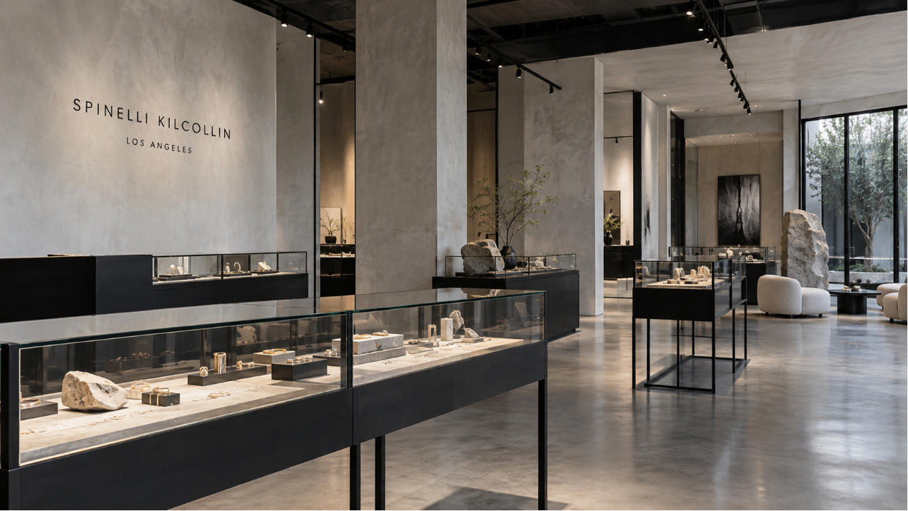 Spinelli Kilcollin Los Angeles jewelry store project with minimalist custom jewelry showcases