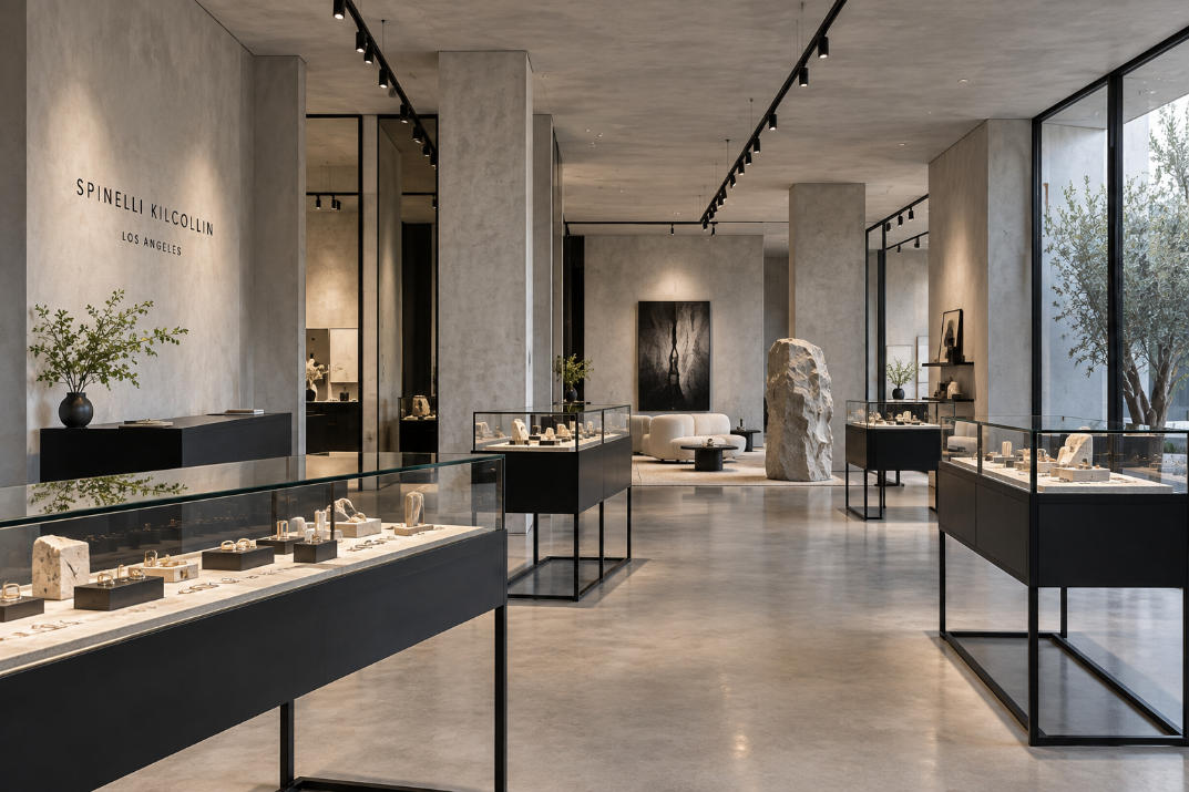 Open jewelry store layout with freestanding jewelry display cases in Spinelli Kilcollin Los Angeles