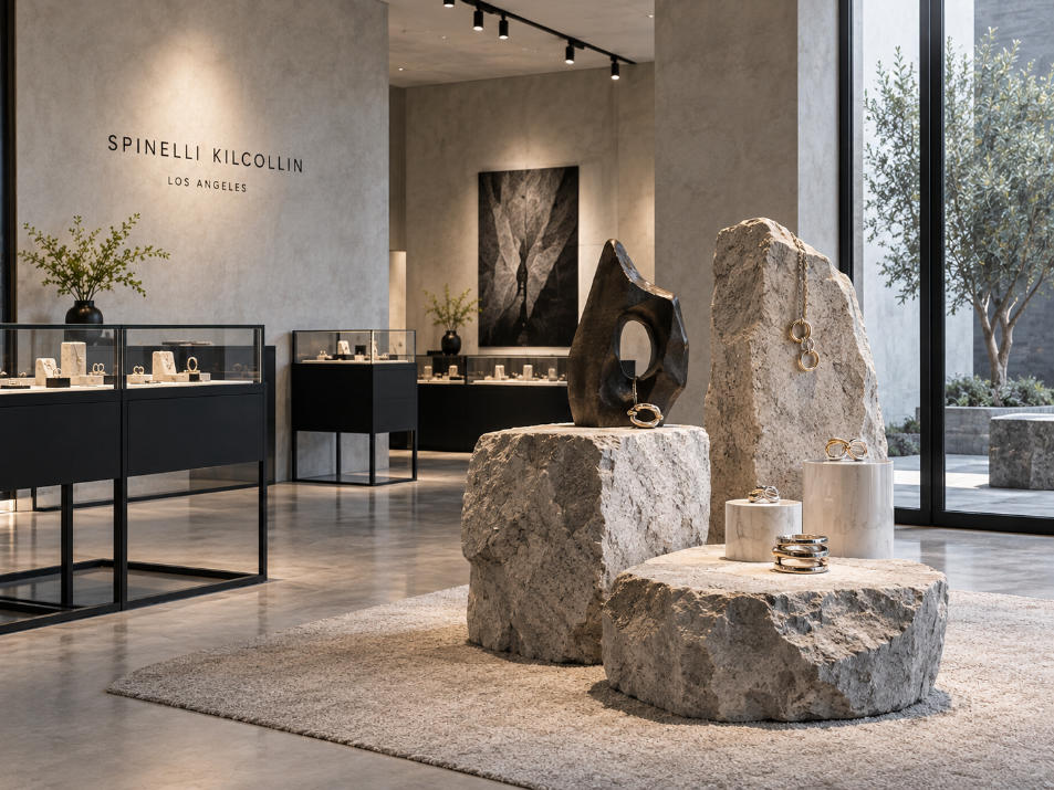 Sculptural jewelry presentation inside contemporary designer jewelry store