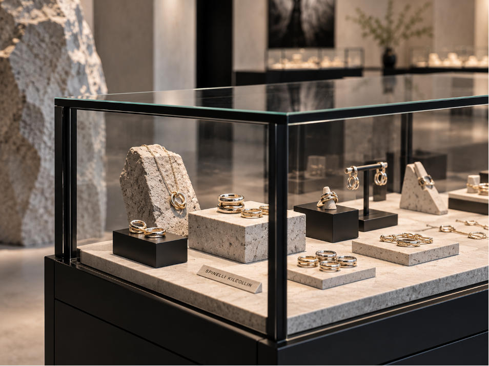 Black steel and ultra-clear glass jewelry display case detail
