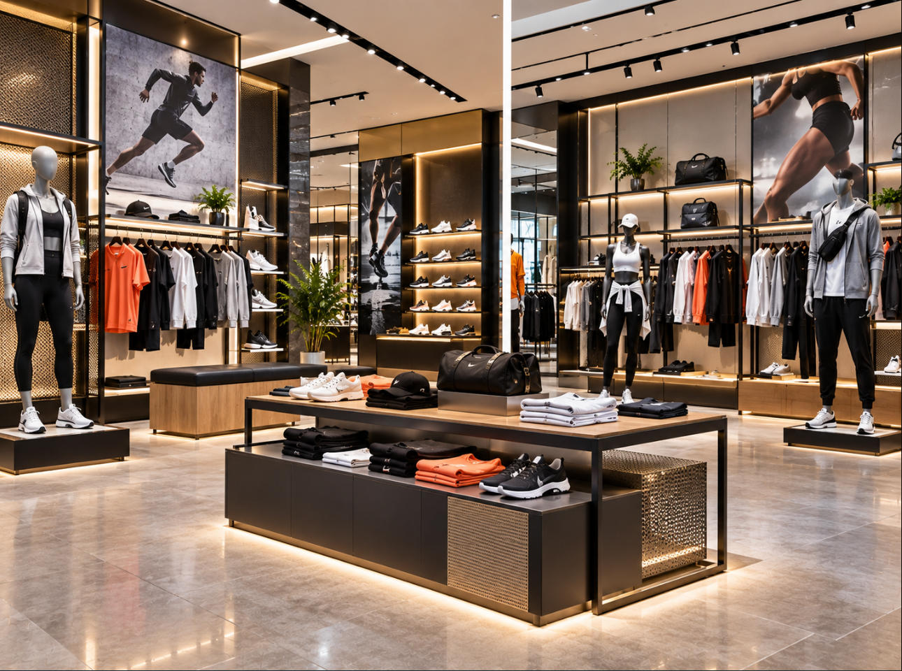 Custom sportswear display fixtures manufactured by SUNZEN factory for branded and luxury sports stores