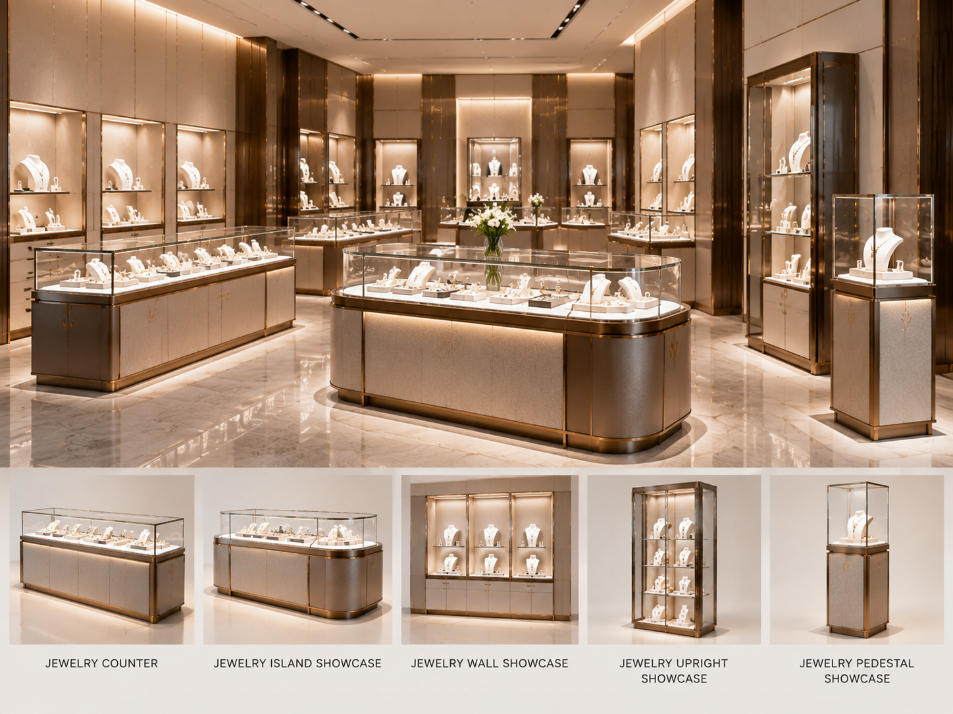 Standardized jewelry display cases including counters islands wall showcases and upright cases developed as a repeatable brand display family
