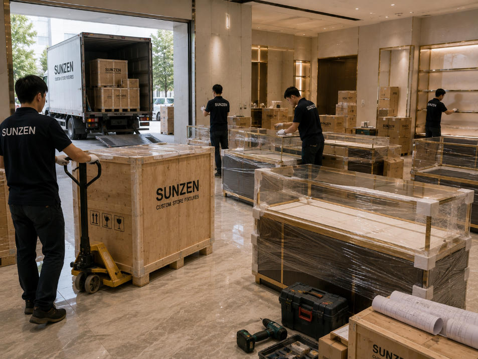 Store fixture installation project with protected custom showcases delivered and prepared for on-site installation