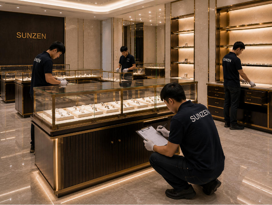 Retail fixture installation final inspection checking showcase alignment lighting doors drawers and finished store layout