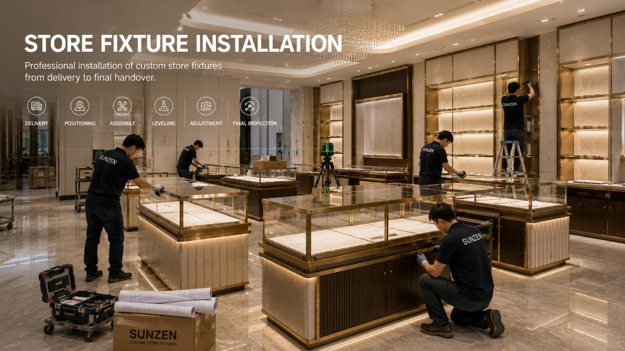 Store fixture installation for custom retail showcases including delivery positioning assembly leveling adjustment and final inspection