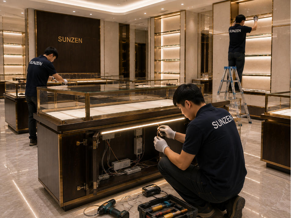 Store fixture installation with technicians connecting integrated showcase LED lighting and electrical components