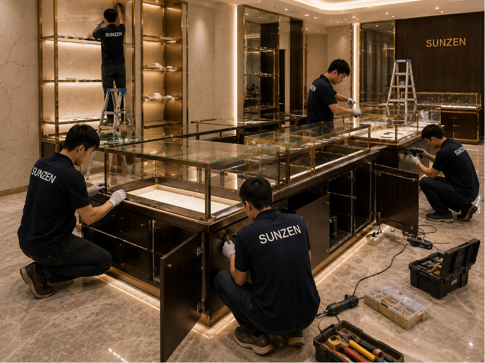 Retail display installation team assembling custom showcase cabinets glass and lighting inside luxury store