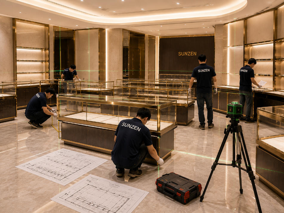 Store display installation team positioning custom retail showcases according to approved store layout