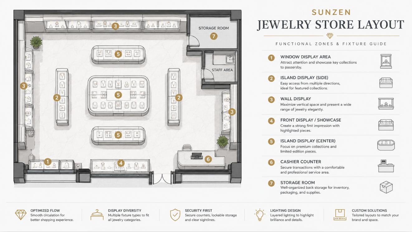 Jewelry store fixture layout showing wall displays island showcases front displays cashier and storage zones