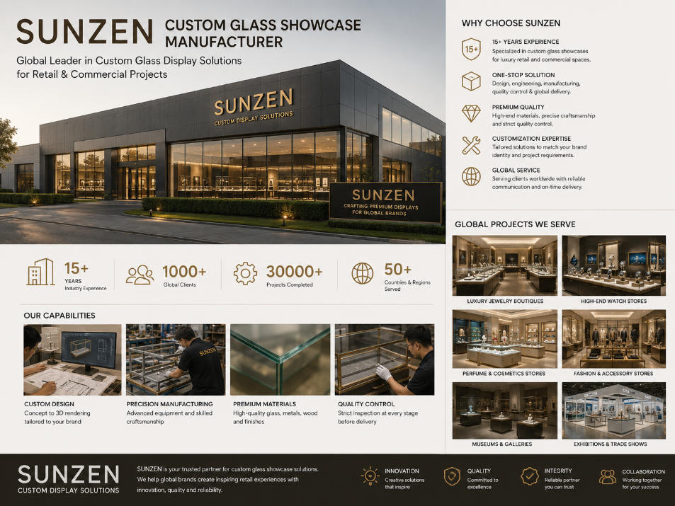 SUNZEN custom glass showcase manufacturer for global retail and commercial display projects