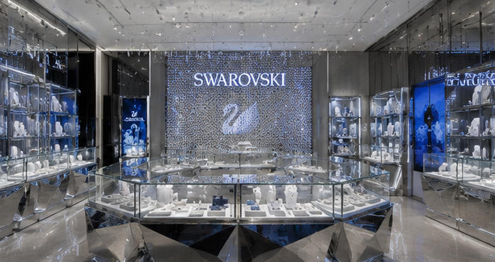Futuristic crystal jewelry showcase with mirror metal & LED lights