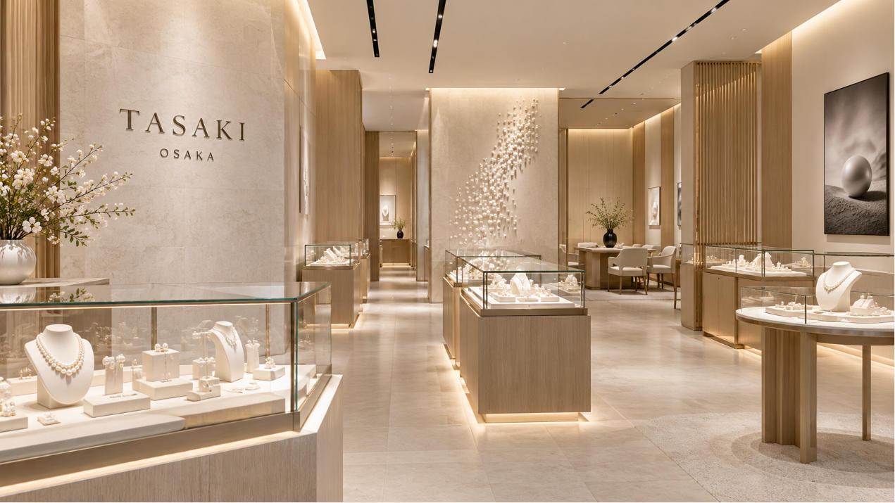 TASAKI Osaka luxury jewelry store project with minimalist pearl jewelry showcases