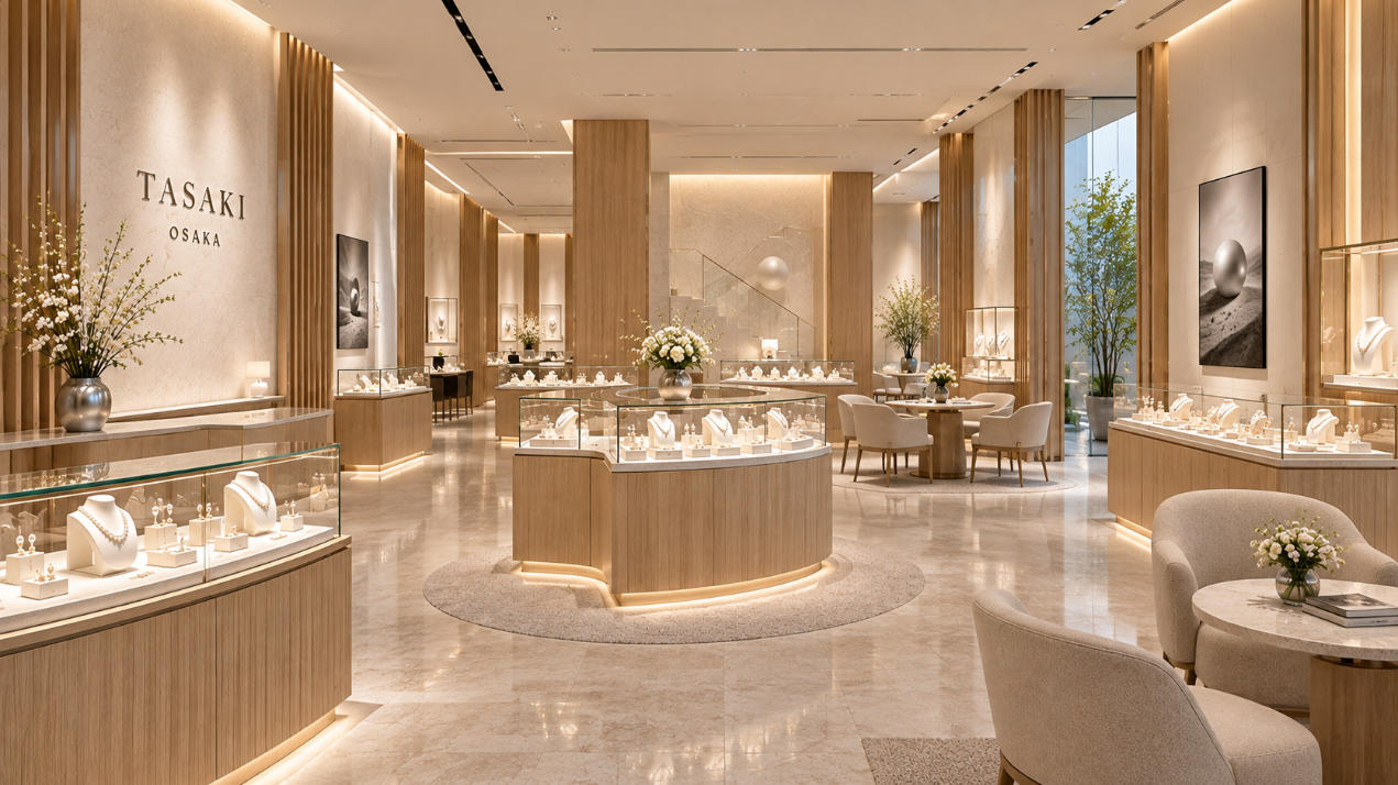 Completed TASAKI Osaka luxury jewelry store interior with pearl and high jewelry showcases
