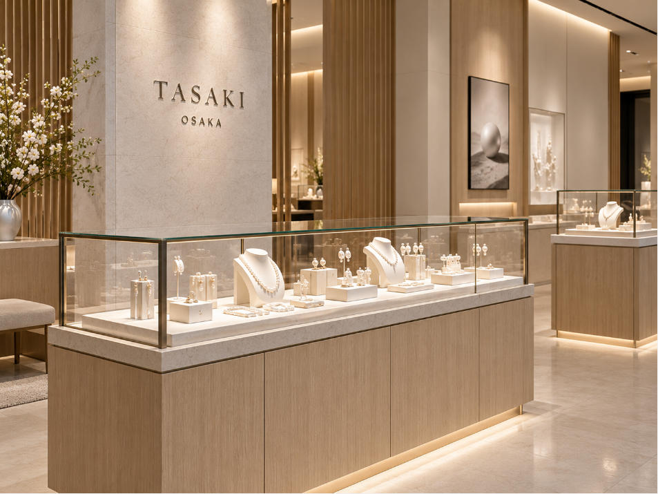 Light wood white stone and ultra-clear glass pearl jewelry showcase in Japanese luxury boutique