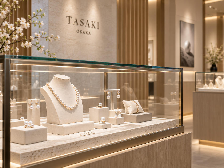 Pearl jewelry showcase display detail inside TASAKI Osaka luxury jewelry store