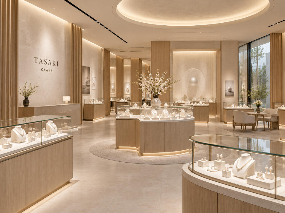 Japanese minimalist jewelry store layout with pearl showcases inside TASAKI Osaka flagship