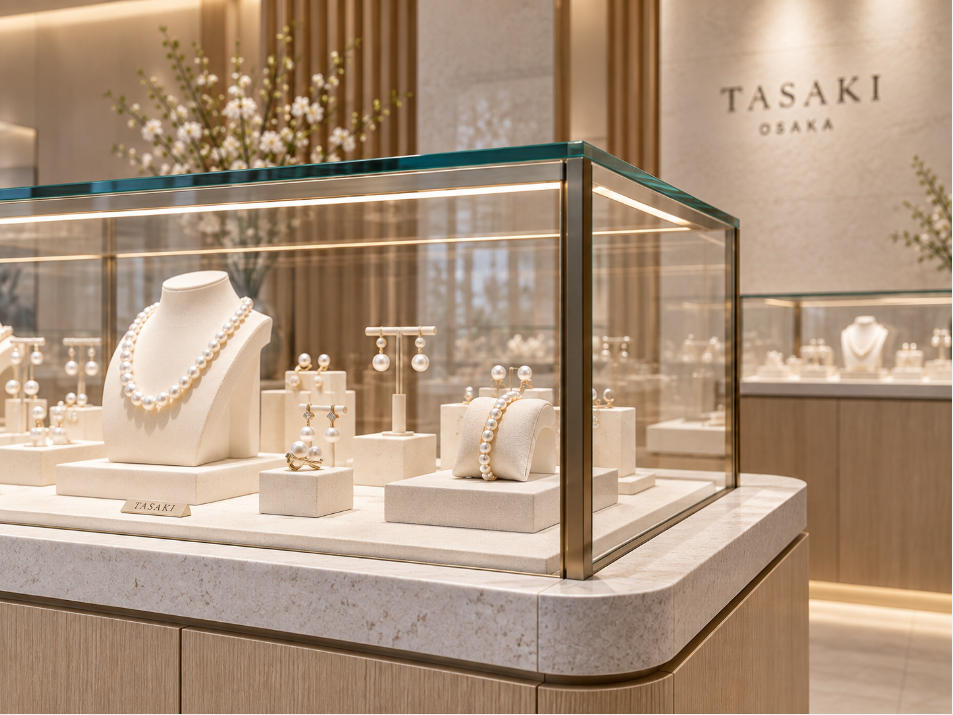 Light wood white stone and ultra-clear glass jewelry showcase detail