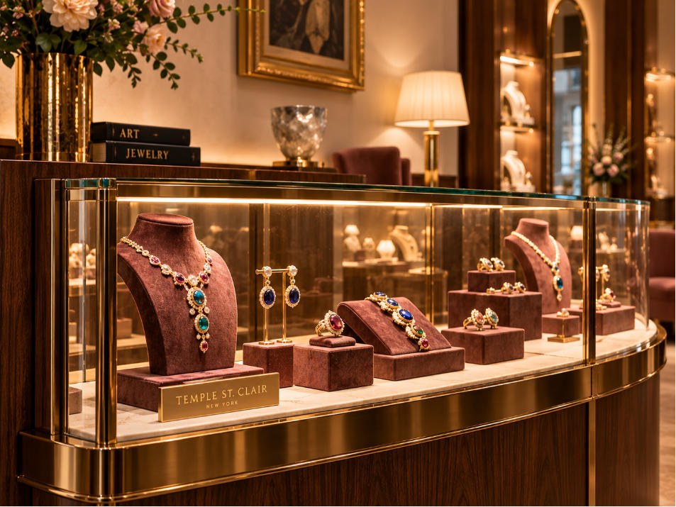 High jewelry display furniture detail with walnut brass and velvet presentation