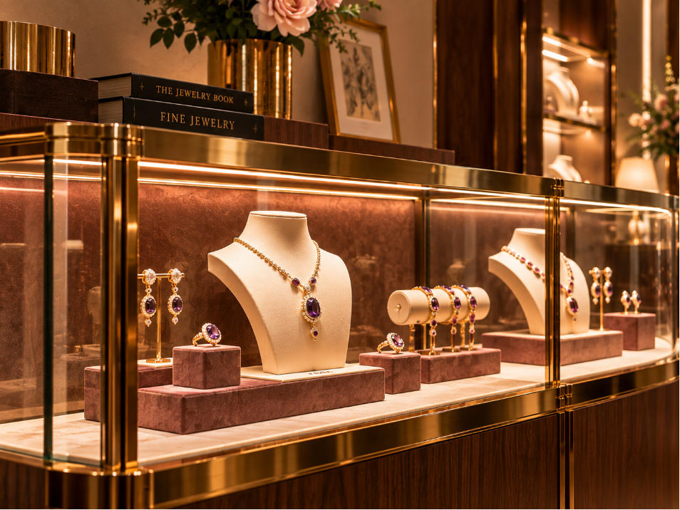 Walnut brass glass and velvet jewelry showcase detail with warm lighting