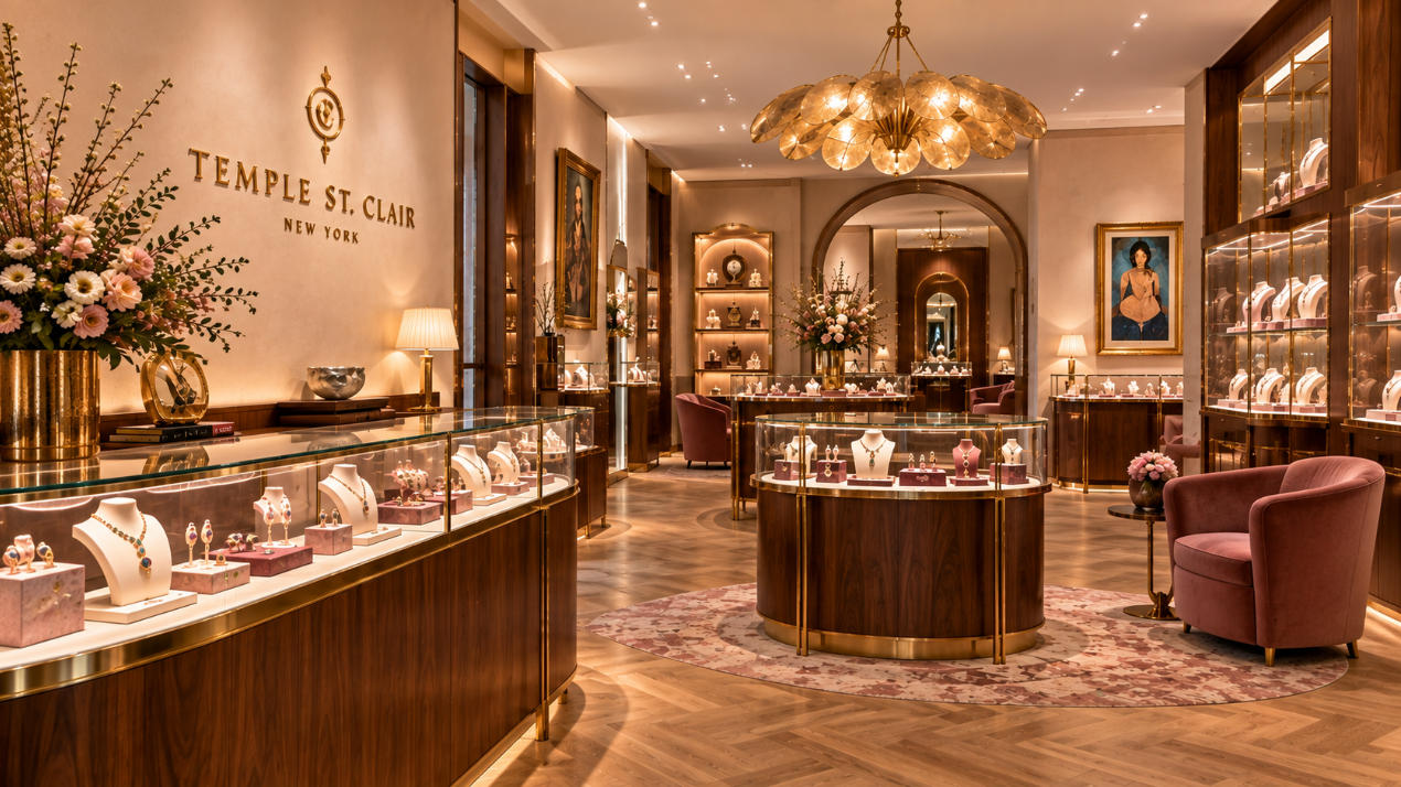Temple St. Clair New York custom luxury jewelry display furniture in artistic boutique interior