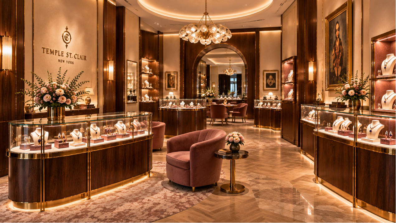 Completed Temple St. Clair New York interior with custom luxury jewelry display furniture