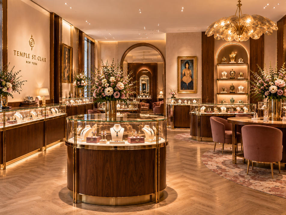 Open luxury jewelry store layout with walnut and brass display furniture inside Temple St. Clair New York