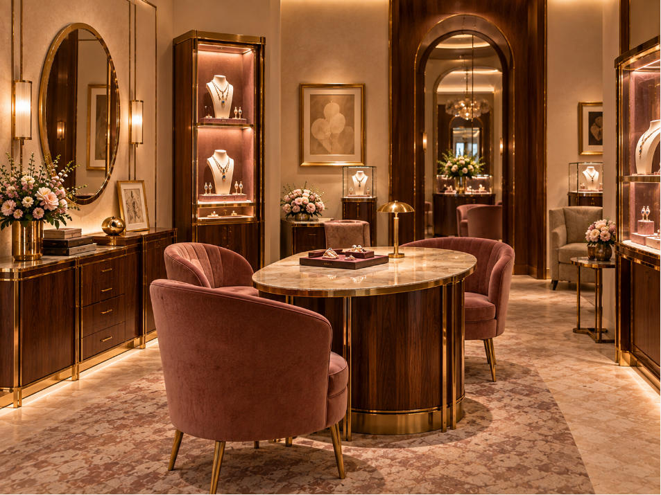 Private high jewelry viewing and try-on area inside luxury New York boutique