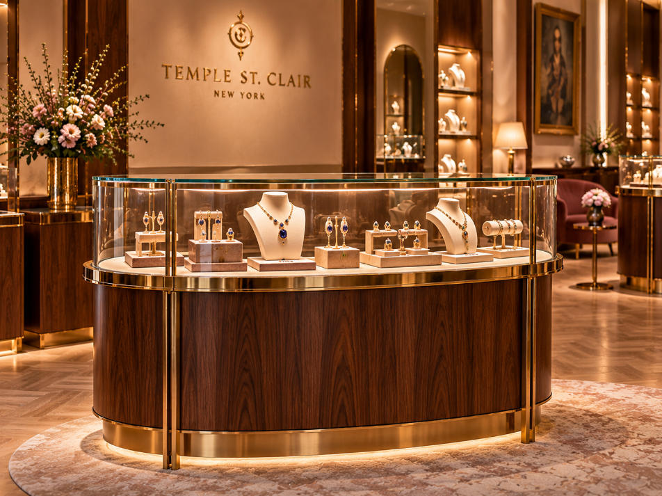 Luxury jewelry showcase with walnut brass velvet and warm lighting