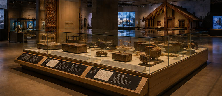 Dark steel exhibit for large geological rock samples