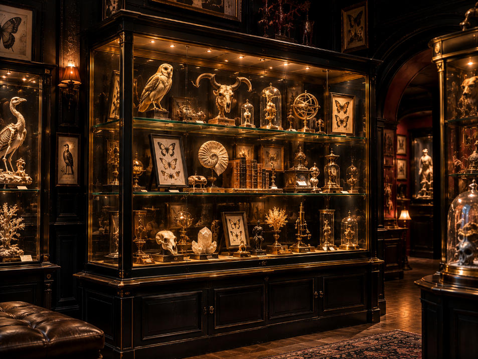 Curiosity museum display case with black wood brass vintage glass and Victorian collection objects