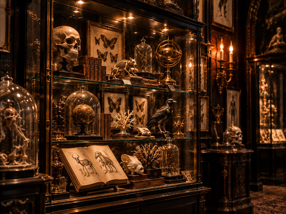 Victorian curiosity museum display detail with antiques collectibles black wood brass and warm lighting