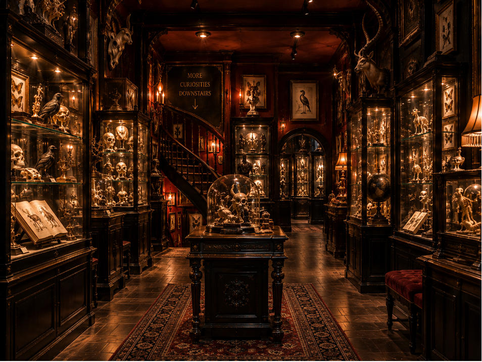 Dark Victorian curiosity museum gallery with dense private collections and immersive basement atmosphere